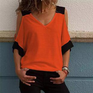 Contrast Shoulder Shirt Sleeve Short Off Neck Color