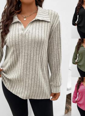 Solid color plus size womens tops V-neck long sleeve