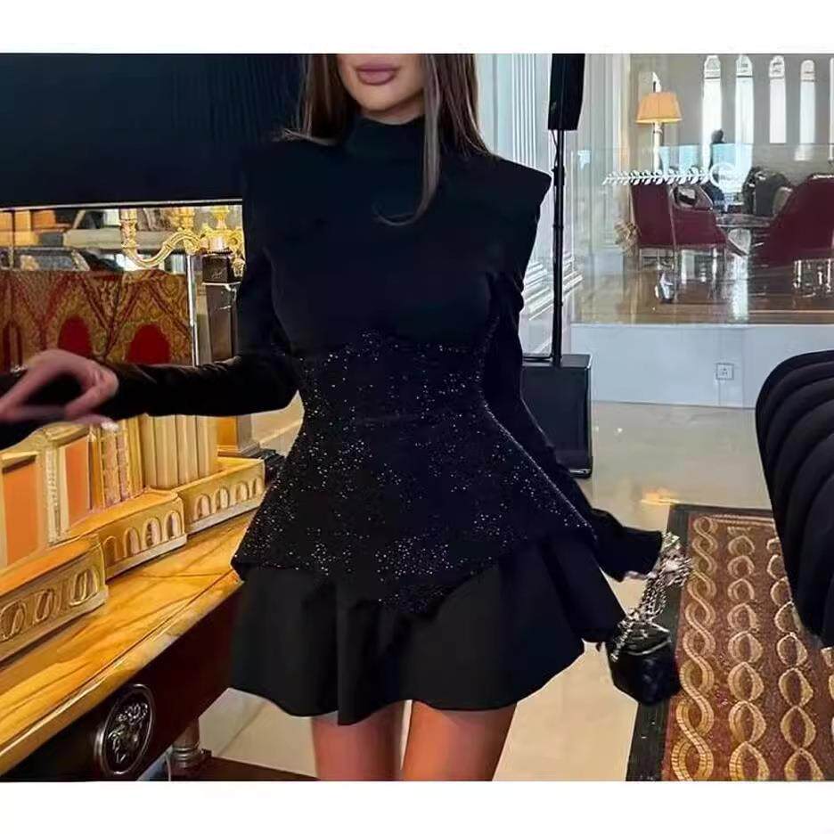 round splicing evening sequins sleeve dress black short