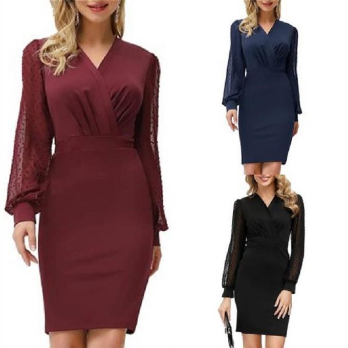 Womens Pencil Skirt Dress Long Sleeve V-Neck Bodycon