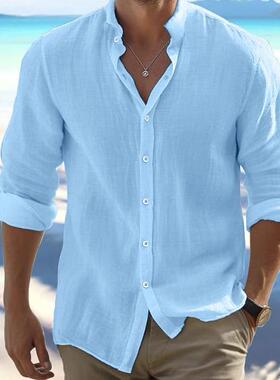 Stand Linen Shirt Wear Everyday Long Plain Button-Down