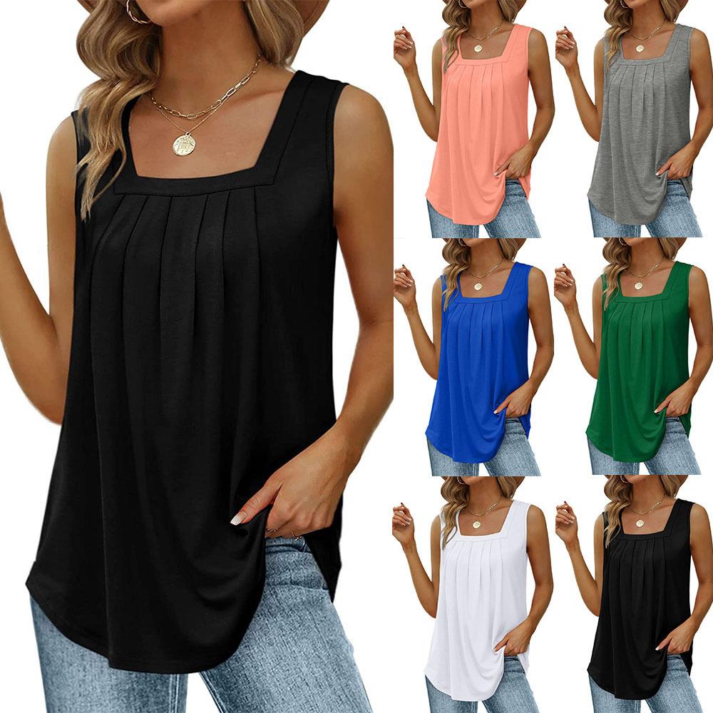T-shirt vest swallowtail sleeveless neck square pleated