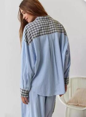 sleeves long pajamas shirt checked loungewear casual womens