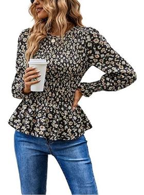 Ruffle Sleeves Shirt Crewneck Gathered Slim Babydoll Floral
