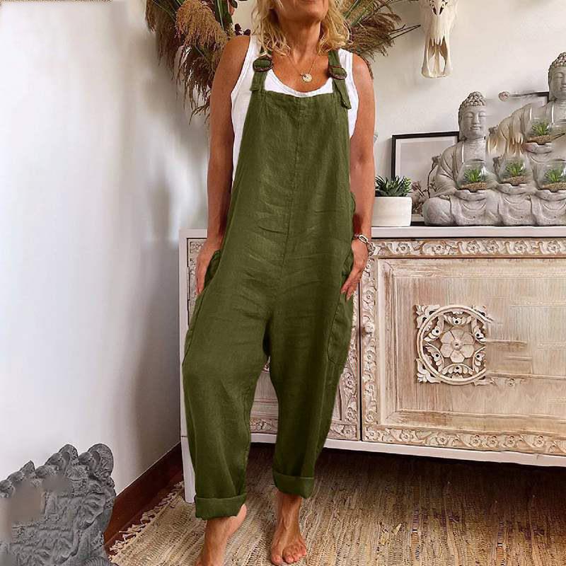 Wide Leg Cotton Jumpsuit Pocket Adjustable Button Linen