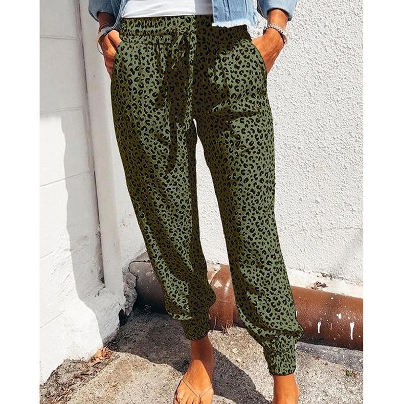 Large size pants high waist leopard print drawstring