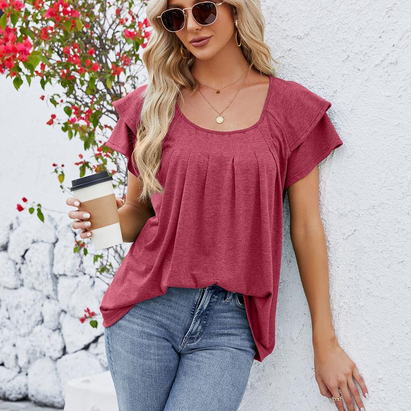 Womens top T-shirt female pleated solid layer round short