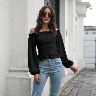 new shoulder shirt one Front top waisted tie lantern
