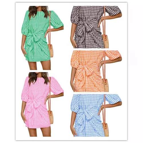 women for dress sleeve three-quarter gathered belt waist