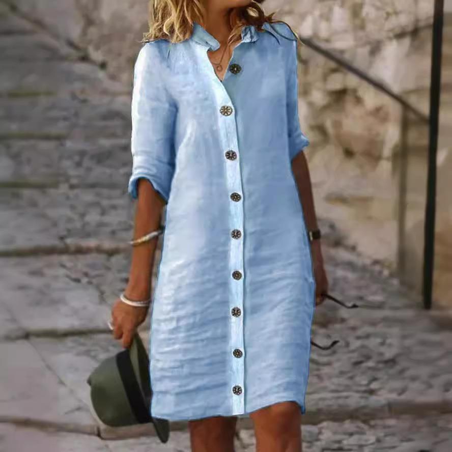 button and large shirt collar sleeves cotton dress