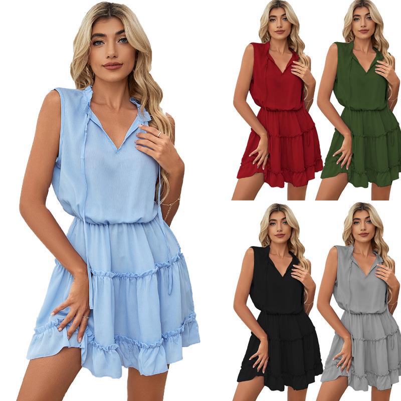 knee-length loose solid dress simple pullover V-neck color