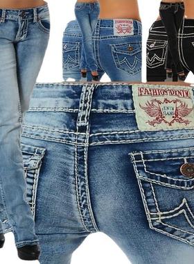 jeans colorful elastic thread mid-rise denim Womens thick