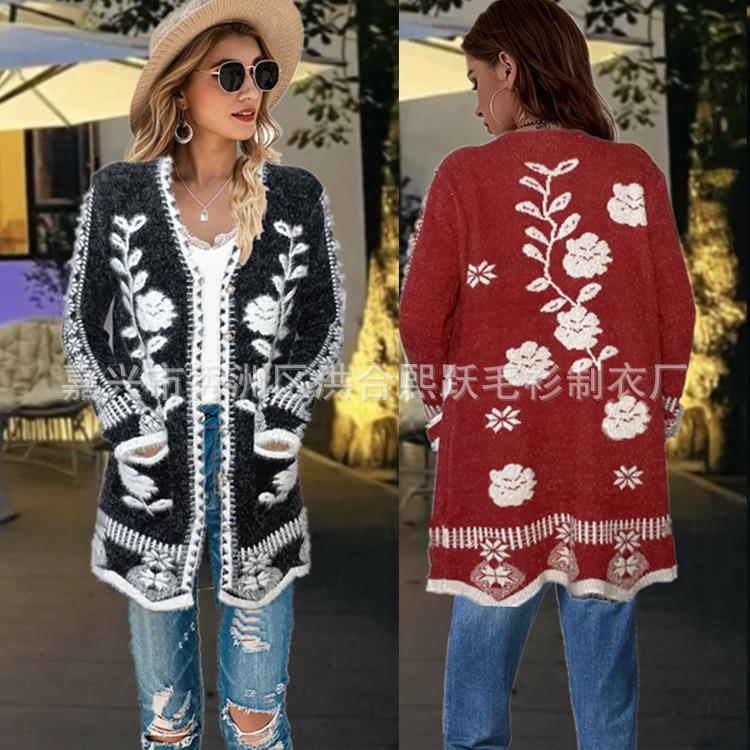 winter sweater jacket womens new fashion jacquard buttons