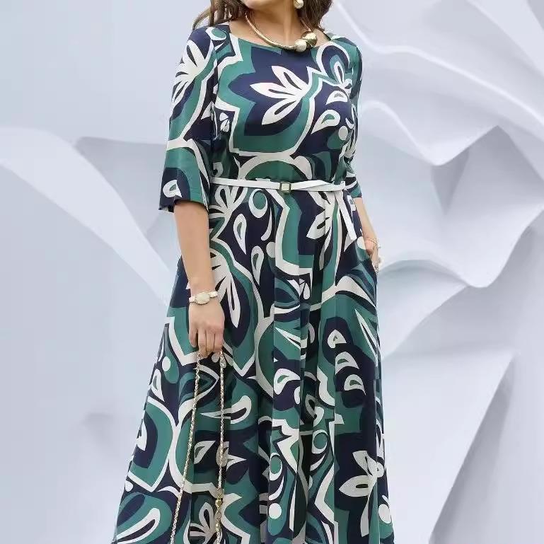 Clothing Womens Skirt Long Dress Belt Neck Round Sleeve