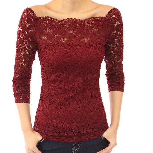 hollow lace one-shoulder long-sleeved shirt neck