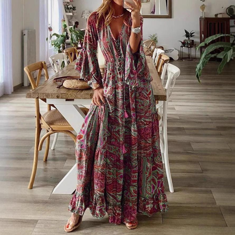 Bohemian style trumpet sleeve V-neck high waist holiday