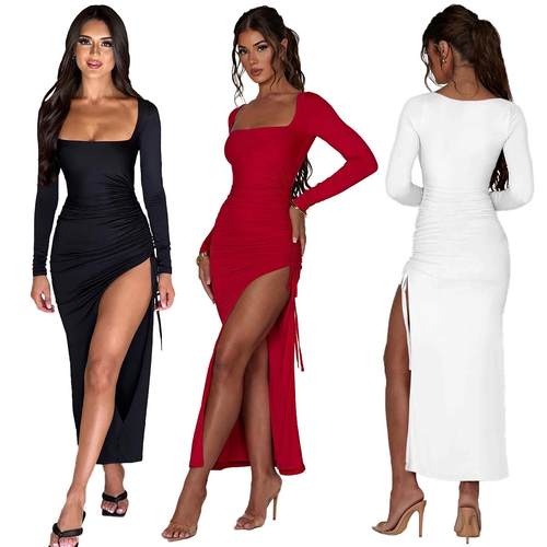 Womens sexy slit evening dress plus size square neck