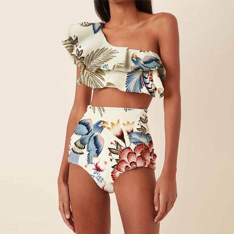 Set Skirt Wrap and Swimsuit One-Piece Toucan Ruffled V Deep
