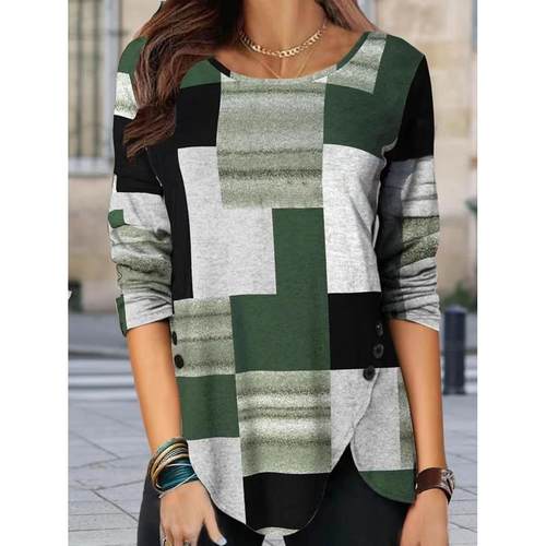 Neck Casual All-match Round Long Sweater Top Plaid Pullover