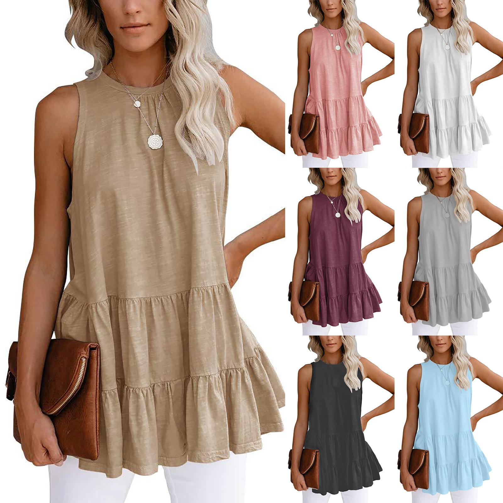 Summer solid color pullover round neck pleated T-shirt