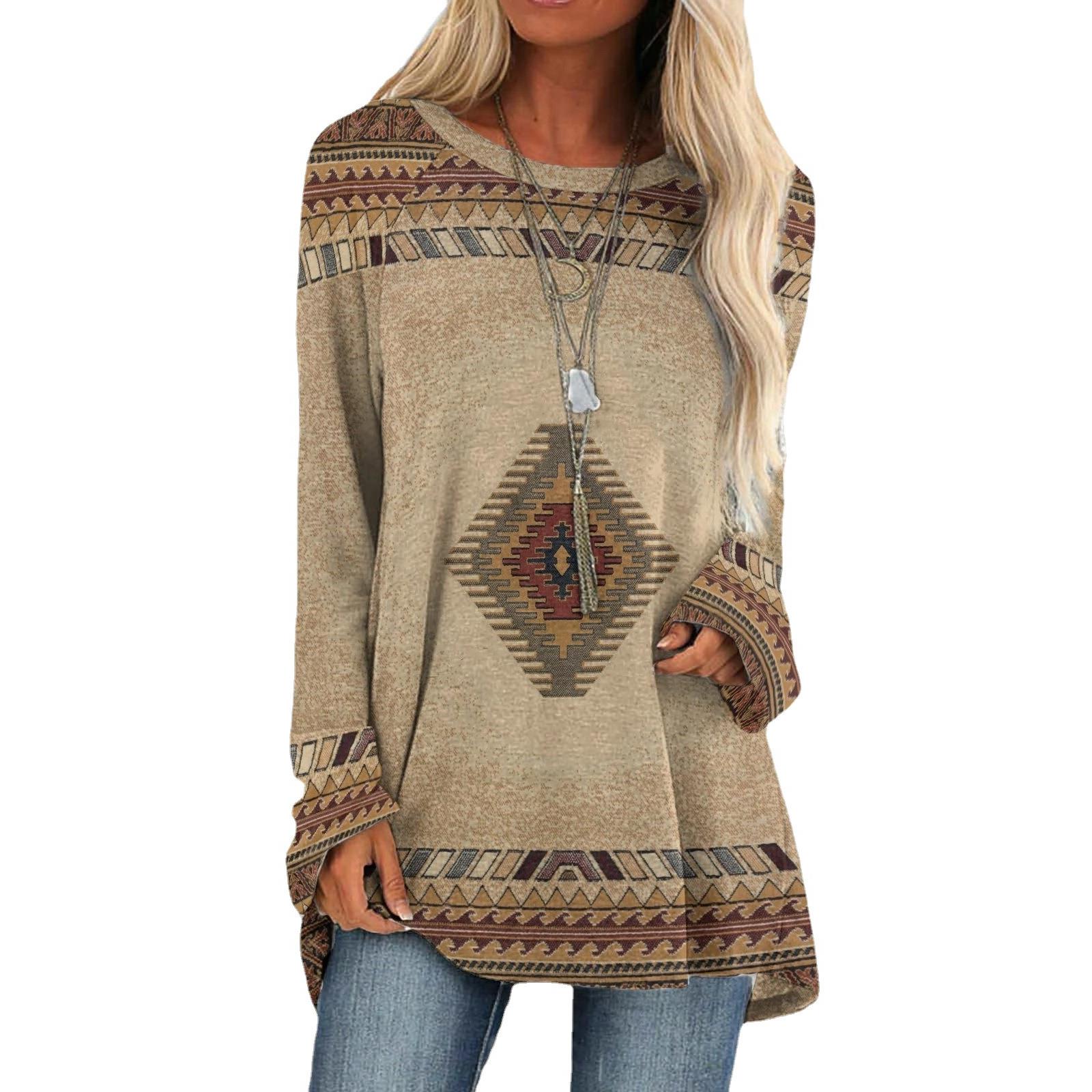 Womens Fashion Loose Round Neck Digital Western Style Long