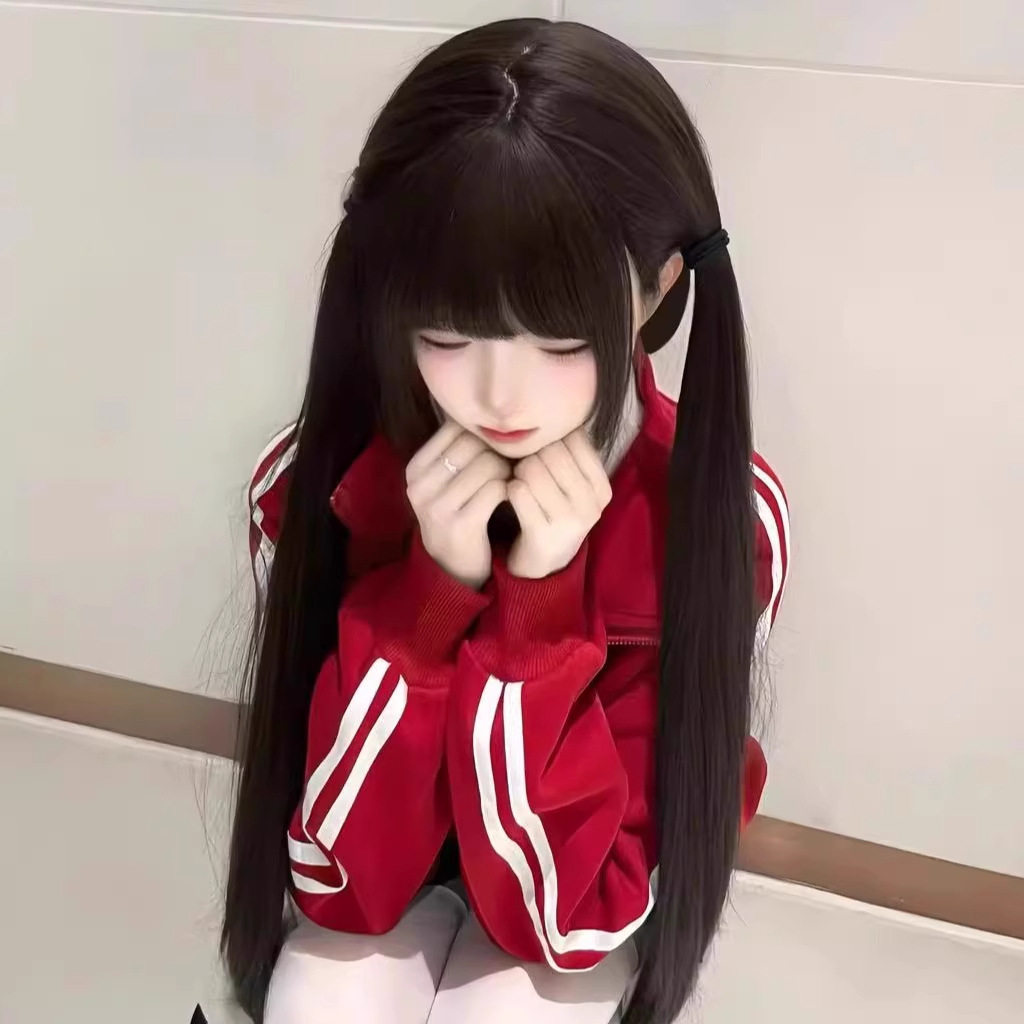 假发女长发双马尾85cm网红少萝lolita黑长直自然齐浏海jk全头套式