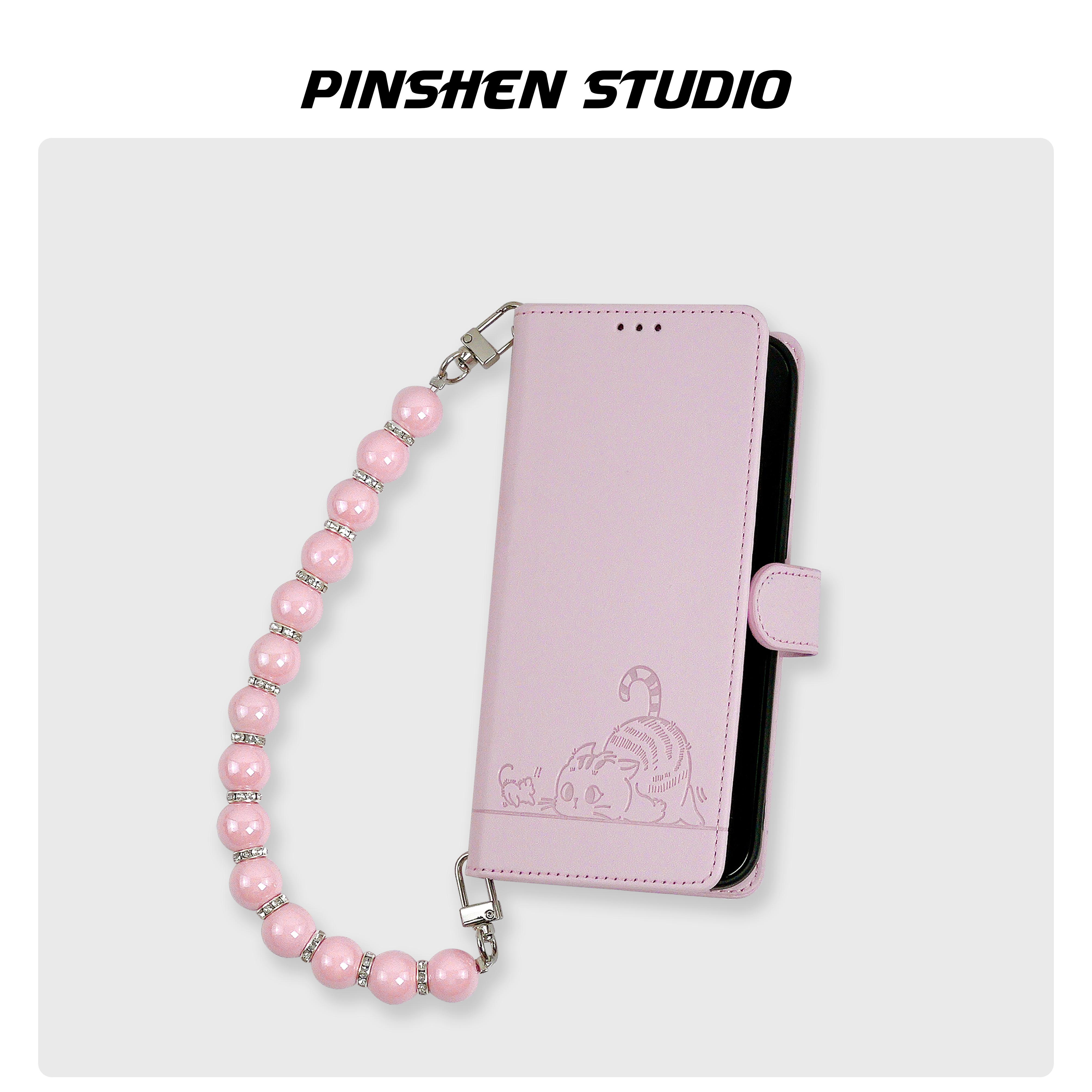 磁吸翻盖粉色猫咪压纹手提手机壳