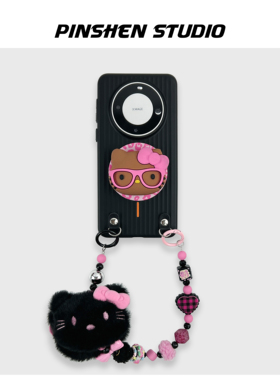 品申原创硬pc轻薄黑色竖纹粉眼镜KT猫磁吸支架手提链适用华为mate80pro手机壳全包防摔高级感ins苹果17保护套