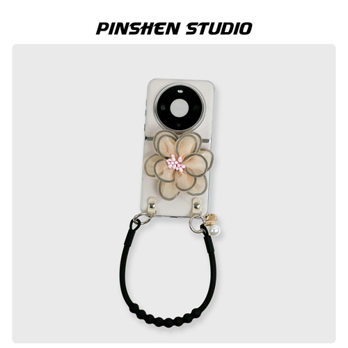 米白色纱花支架硅胶手提绳手机壳