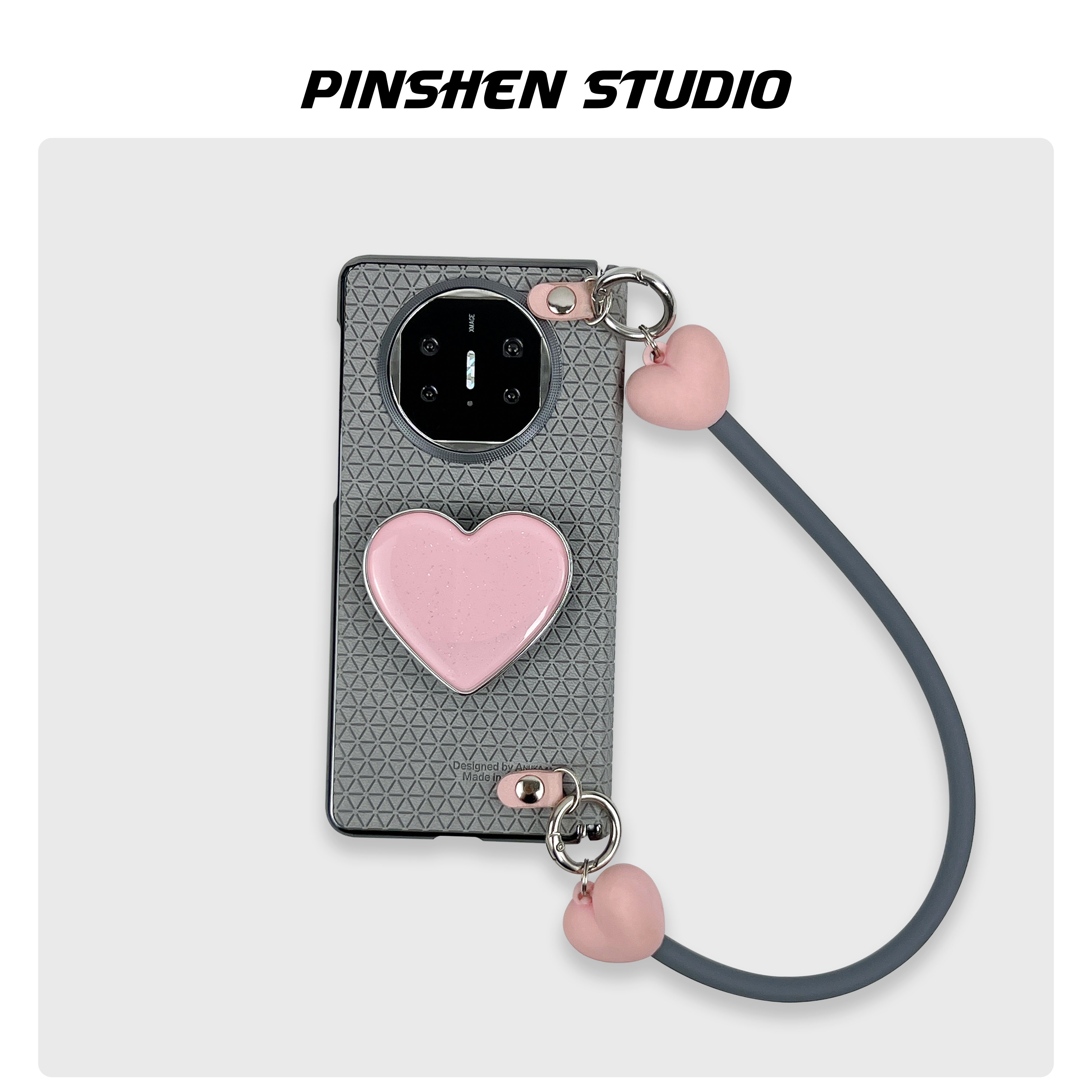 奶灰色素皮粉爱心支架手提手机壳