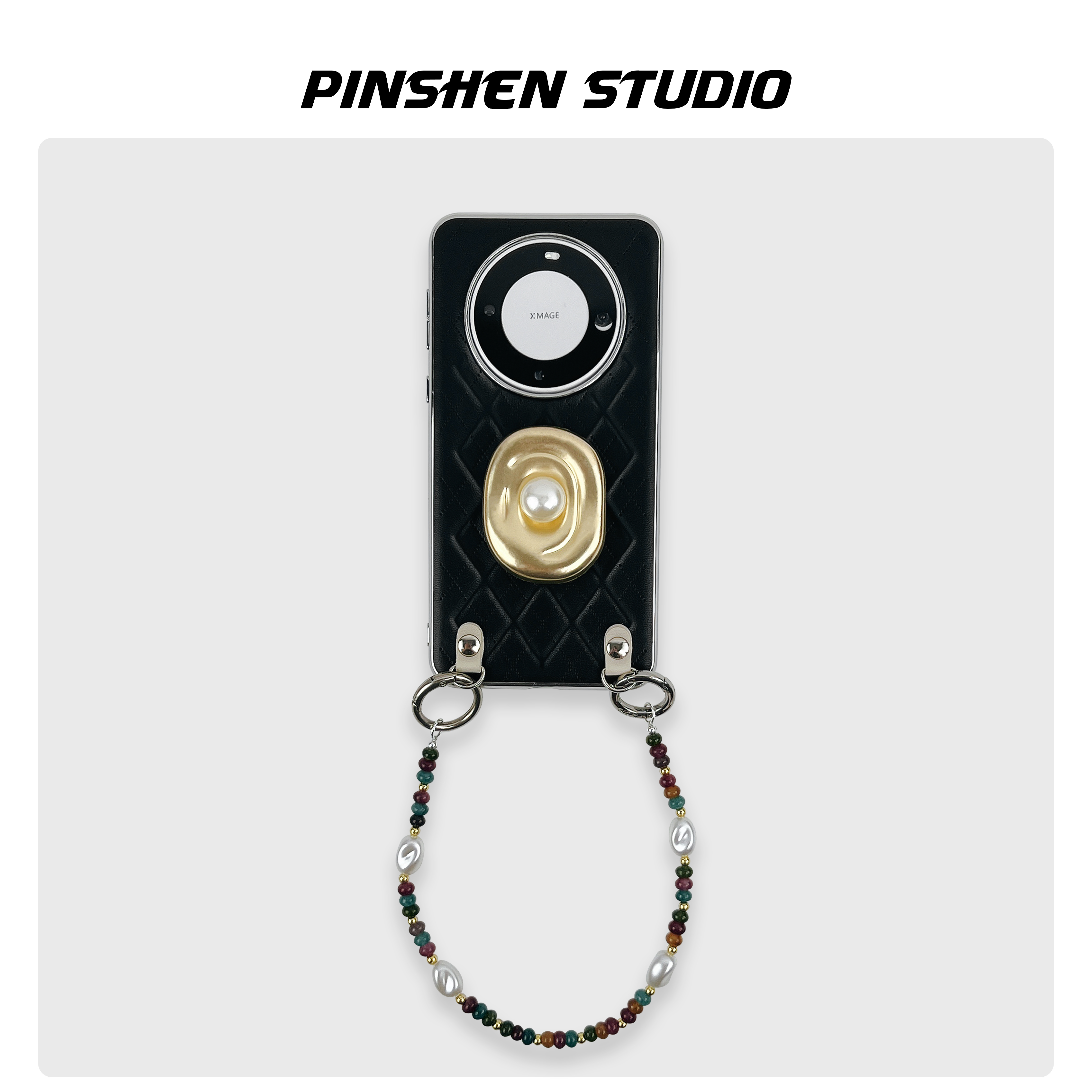 品申原创菱格质感黑金属珍珠支架串珠链条适用华为mate70pro手机壳全包防摔质感个性ins风苹果16promax保护套