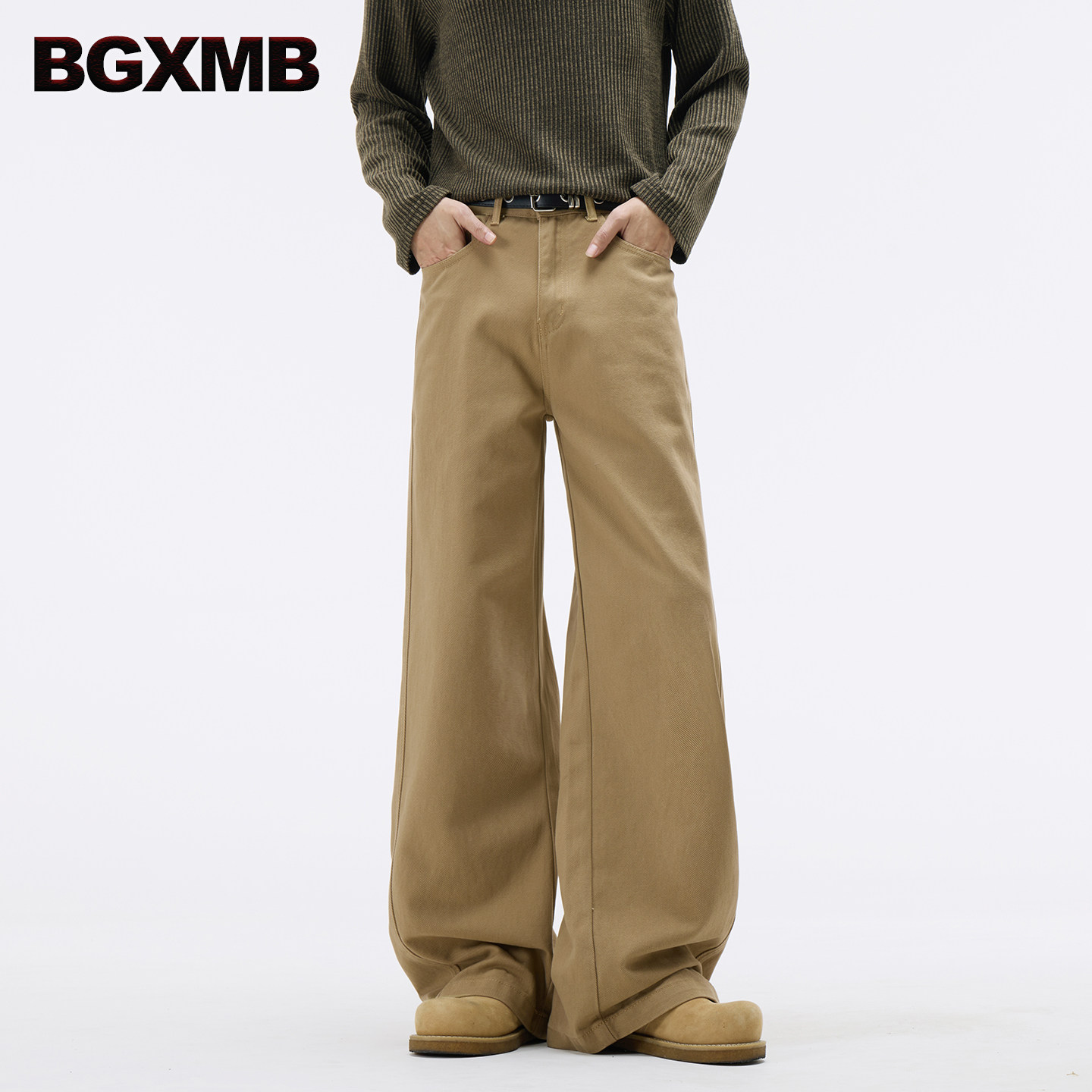 BGXMB高级感cleanfit卡其色A字纯棉阔腿裤男女宽松直筒休闲裤长裤图片