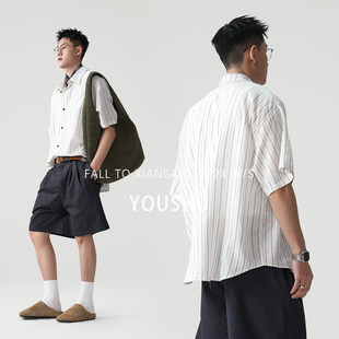 有术老钱风条纹翻领短袖衬衫男2026夏季新款高级感痞帅半袖衬衣