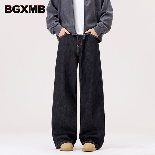 BGXMB 新款原牛黑复古怀旧宽松直筒裤男老钱风阔腿牛仔长裤子
