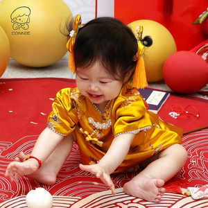 抓周礼服女宝宝中式春夏款小女孩中国风汉服包屁衣国潮生日百日宴