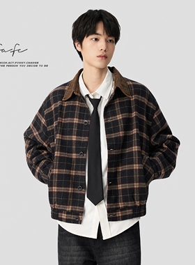 FAFC秋冬美式复古绒面羊毛格子夹克男老钱风宽松休闲翻领短款外套