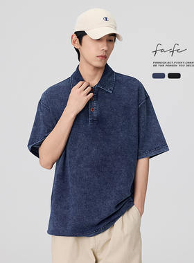 FAFC夏季新款水洗做旧复古牛仔短袖POLO衫男美式宽松休闲翻T恤潮