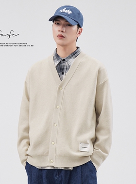 FAFC秋冬纯色开衫绞花毛衣男日系宽松休闲柔软舒适针织衫上衣外套