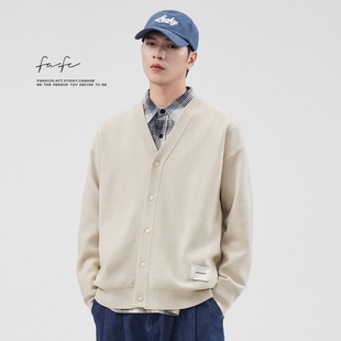 FAFC秋冬纯色开衫绞花毛衣男日系宽松休闲柔软舒适针织衫上衣外套