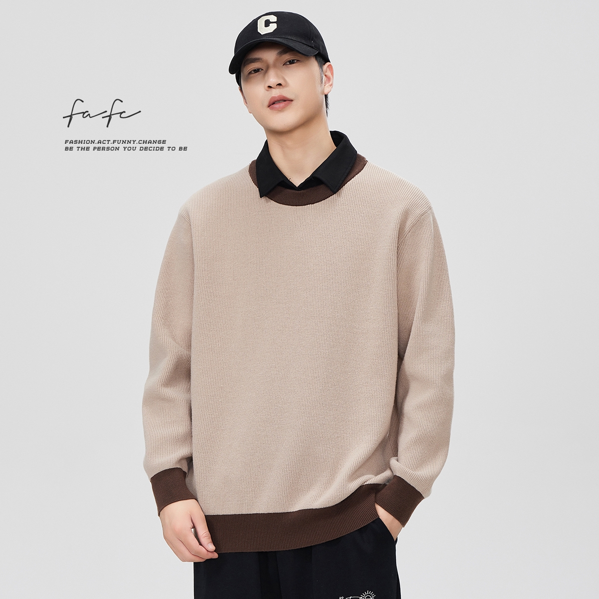 FAFC假两件撞色衬衫领针织衫毛衣