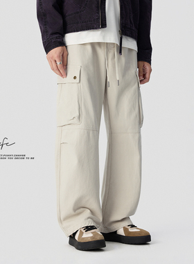 FAFC秋季美式复古设计感纯棉工装休闲裤男多口袋宽松直筒阔腿长裤