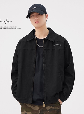 FAFC秋季新款黑色纯棉美式复古刺绣宽松休闲潮牌翻领夹克外套男士