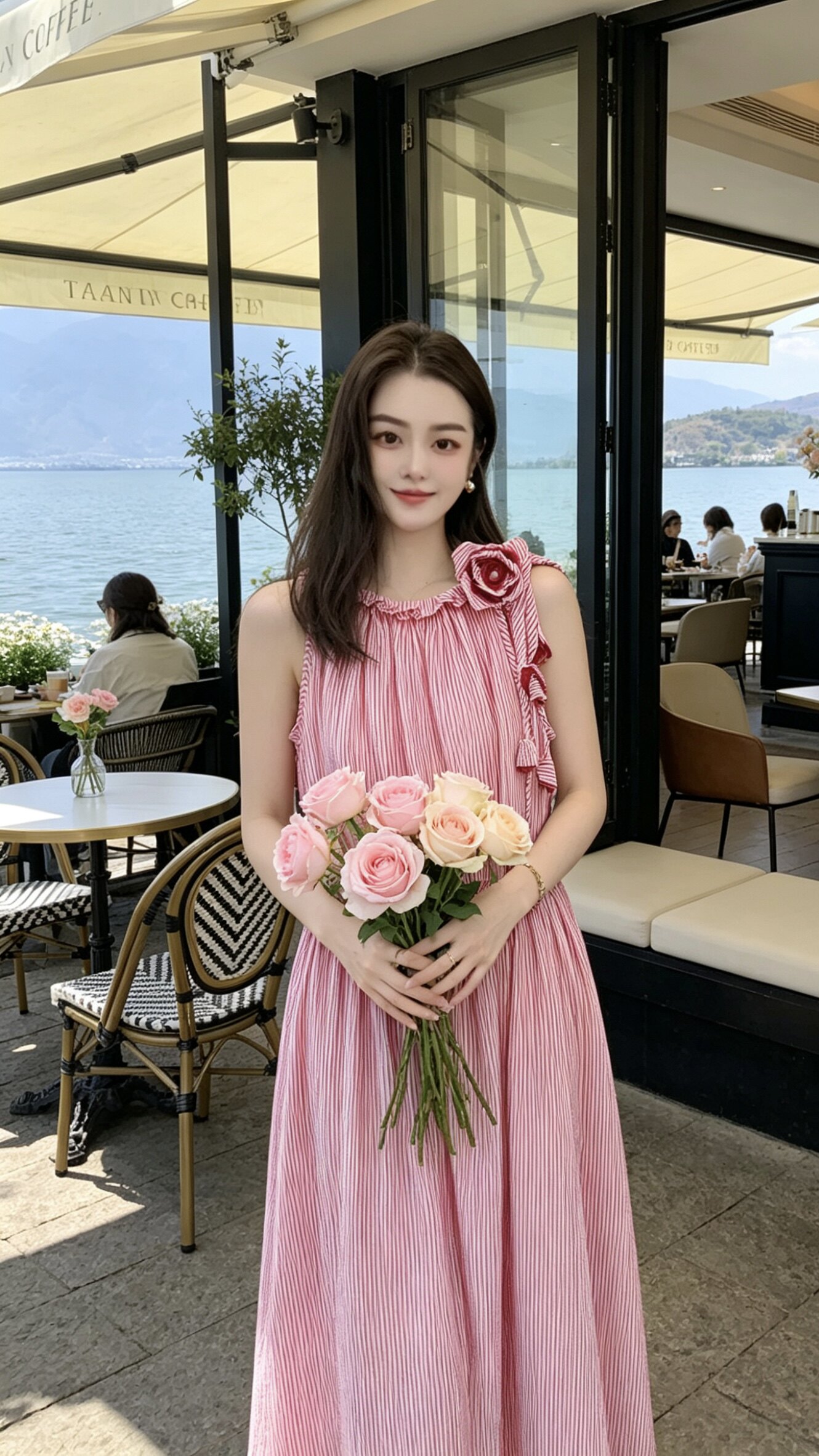 新款设计师款红白条纹手工装饰花朵吊带裙长裙