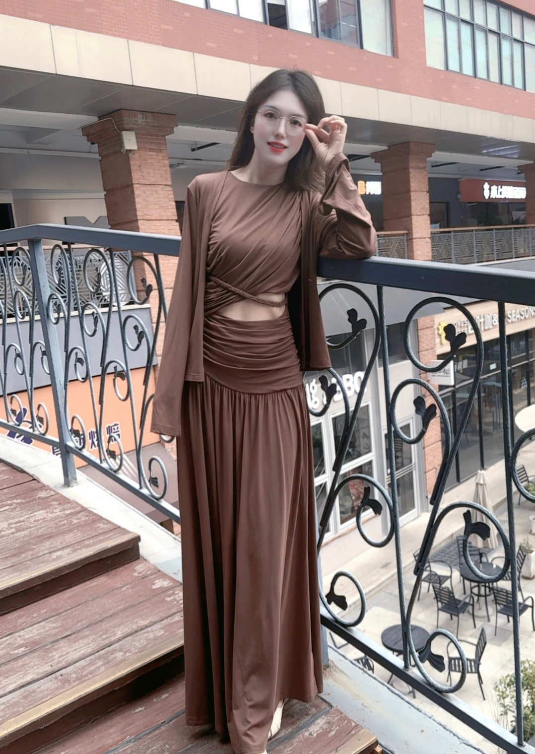 纯欲风初秋新款漏肚脐编织麻花开叉全棉针织裙配外披肩套装两件套