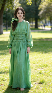 2026春夏新款苎麻苹果绿色腰节编织麻花设计大摆长裙连衣裙带头花