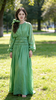 2026春夏新款苎麻苹果绿色腰节编织麻花设计大摆长裙连衣裙带头花