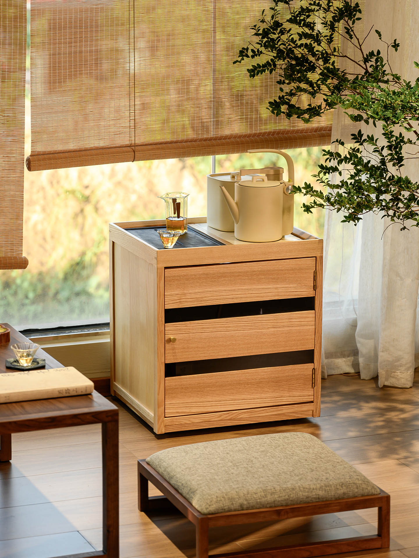 吉木语北欧白蜡木飘窗移动茶台沙发矮柜水桶边柜烧水小茶车整装