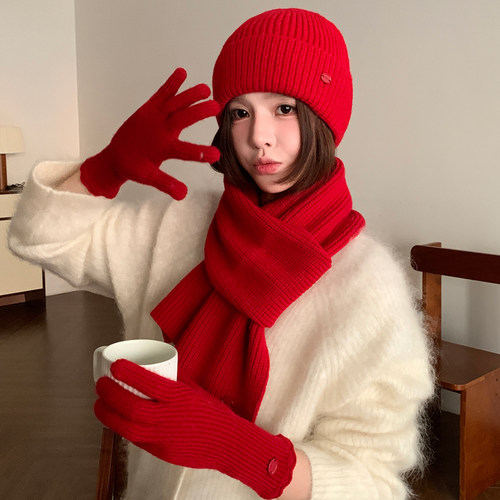 三件套红色帽子围巾手套防寒保暖