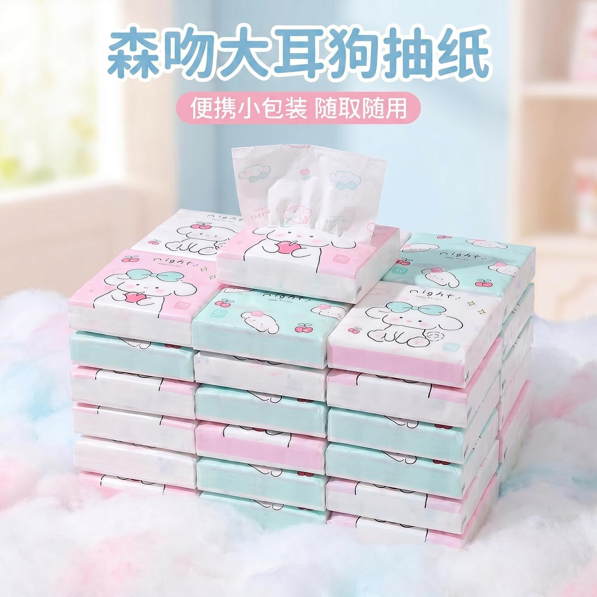 森吻印花抽纸小包40抽可爱大耳狗小包纸巾便携式儿童上学卫生纸