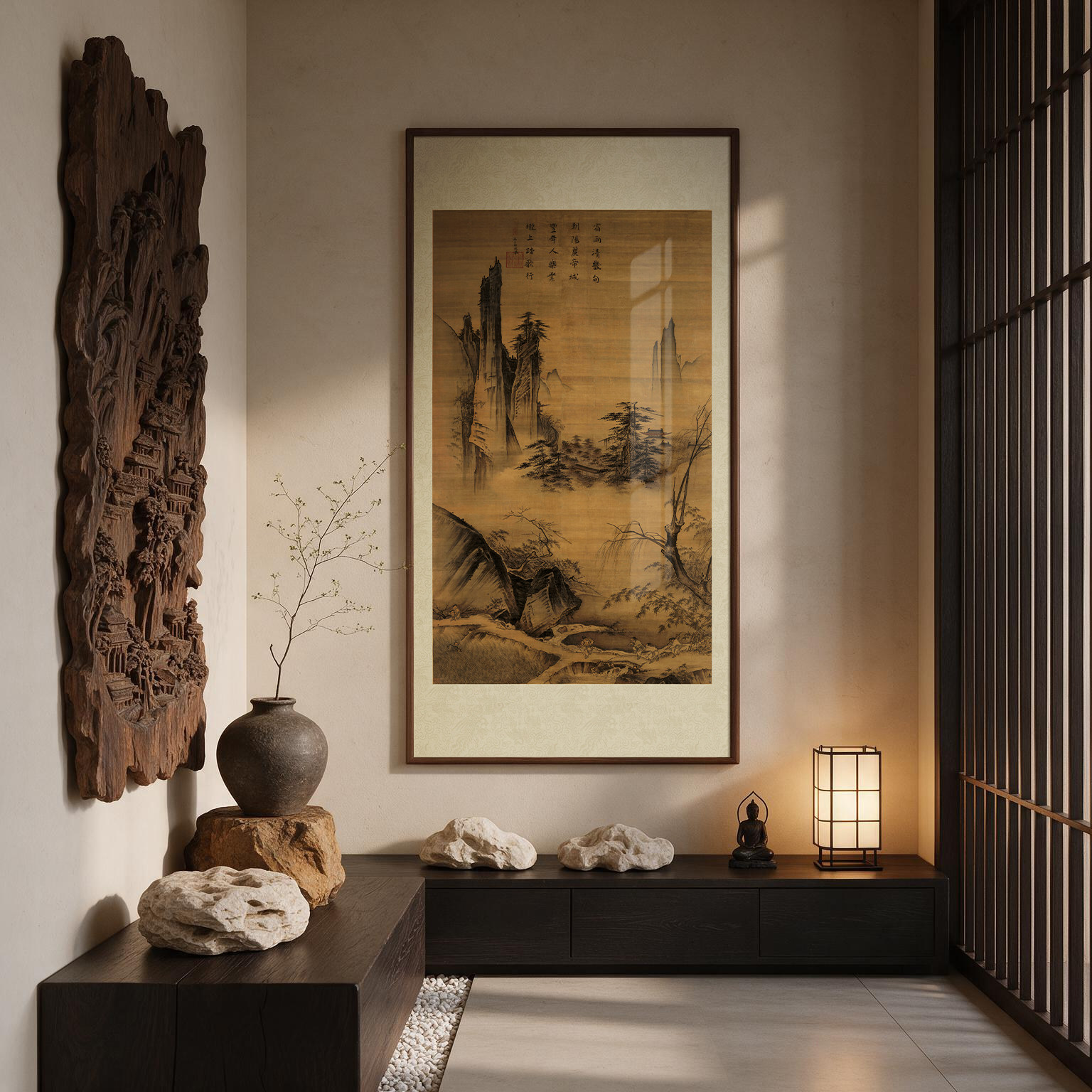 马远 踏歌图 宋代美学玄关书房茶室山水国画装饰挂画黑胡桃框画